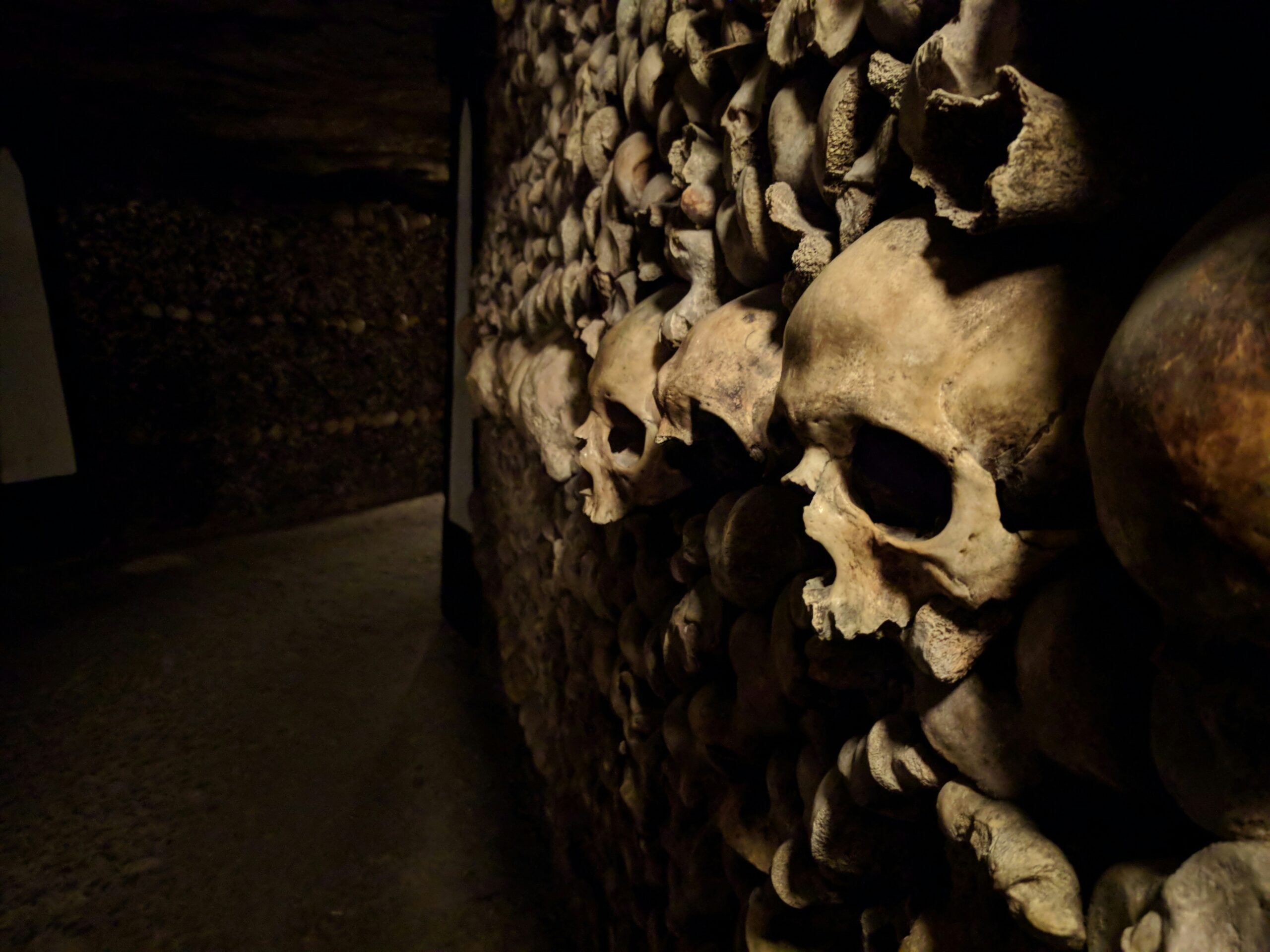de Catacombes in Parijs schedels die in muur zitten